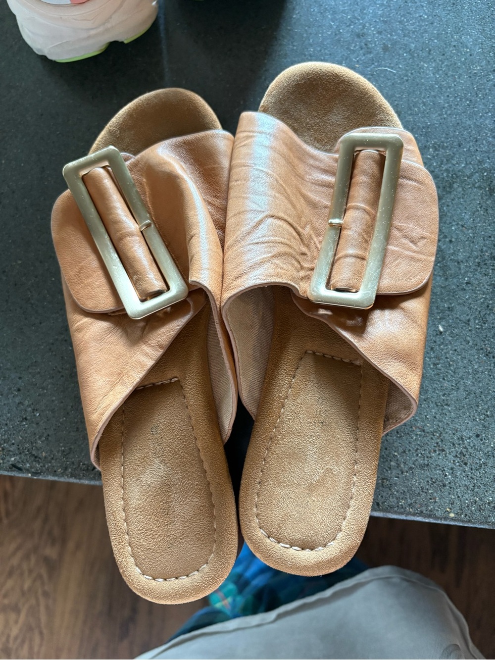 Tan Slide Sandals with Decorative Buckle - Women